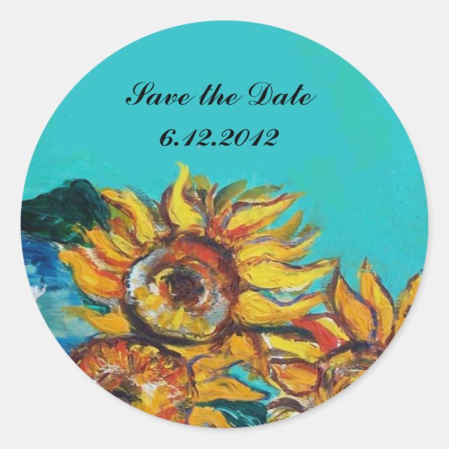 Pegatina Redonda SUNFLOWERS IN BLUE TURQUOISE Save the Date (Anverso)