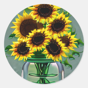 Pegatina Redonda Sunflowers in Glass Jar Art