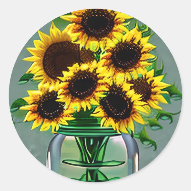 Pegatina Redonda Sunflowers in Glass Jar Art (Anverso)