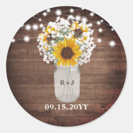 Pegatina Redonda Sunflowers Monograma Mason Jar Vase Luces Boda