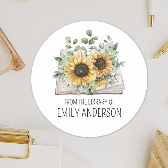 Pegatina Redonda Sunflowers on Book From the Library of Bookplate (Close up)