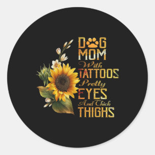 Pegatina Redonda Sunflowers Perro Mamá Con Tattoos Bonitos Y Ojos