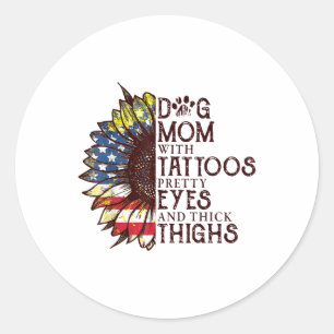 Pegatina Redonda Sunflowers Perro Mamá Con Tattoos Bonitos Y Ojos