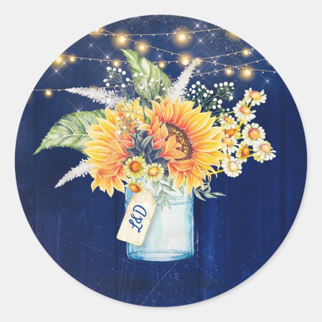 Pegatina Redonda Sunflowers Rustic Navy Blue Fall Wedding Mason Jar (Anverso)