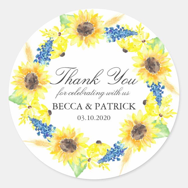 Pegatina Redonda Sunflowers Sunny Summer Wedding Stickers (Anverso)