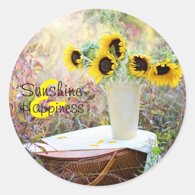 Pegatina Redonda Sunflowers Sunshine & Happy (Anverso)