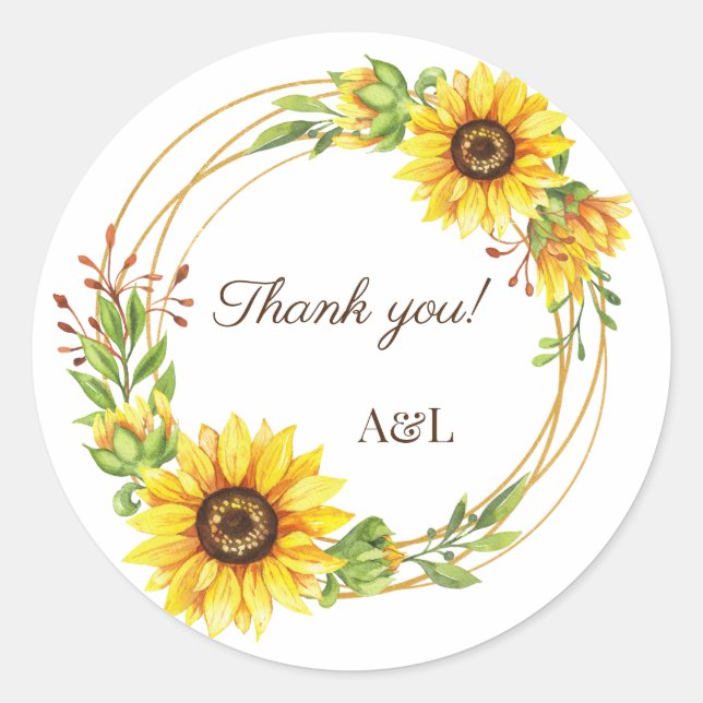 Pegatina Redonda Sunflowers wreath boho boda gracias (Anverso)