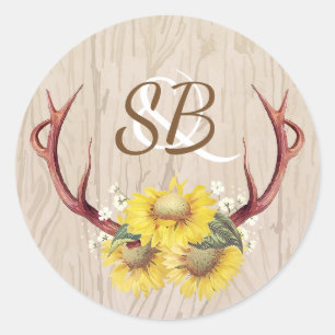 Pegatina Redonda Sunflowers y Antlers Rustic Country Wedding
