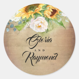 Pegatina Redonda Sunflowers y White Roses Rustic Fall Wedding