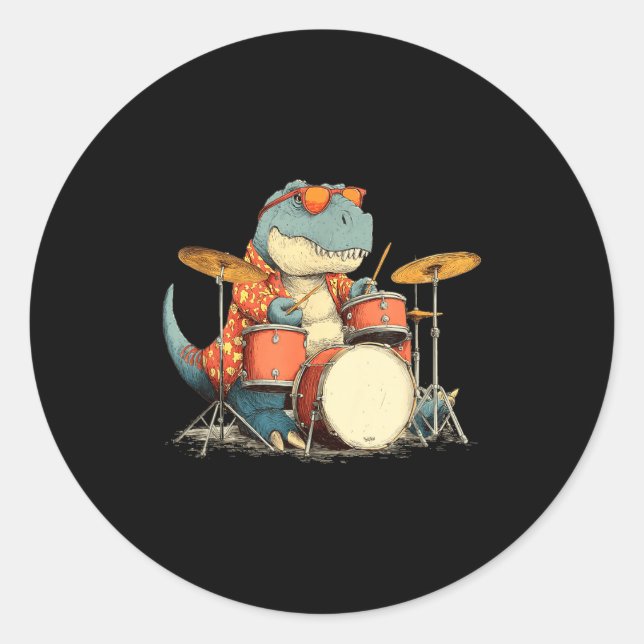 Pegatina Redonda Sungles Rockstar Dinosaur With Cool Drums Costume  (Anverso)