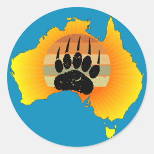 Pegatina Redonda Sunny Australia Map Bear Bear con Retro Sunset