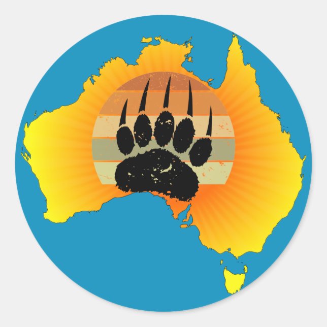 Pegatina Redonda Sunny Australia Map Bear Bear con Retro Sunset (Anverso)
