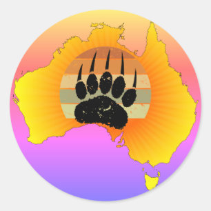 Pegatina Redonda Sunny Australia Map Bear Bear con Retro Sunset