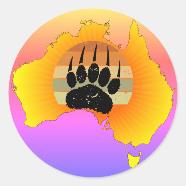 Pegatina Redonda Sunny Australia Map Bear Bear con Retro Sunset (Anverso)