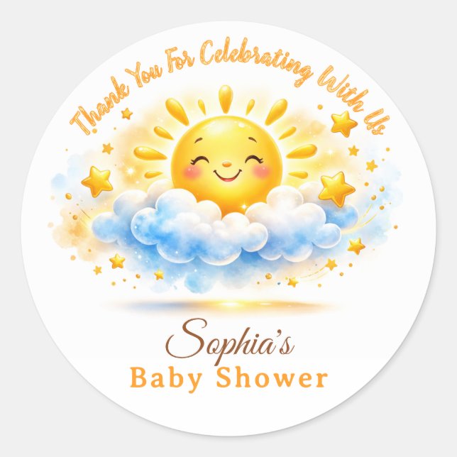 Pegatina Redonda Sunny Clouds Baby Shower Cupcake Toppers (Anverso)