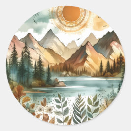 Pegatina Redonda Sunny Rustic Boho Nature Pattern Mountain Lake