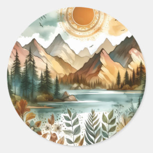Pegatina Redonda Sunny Rustic Boho Nature Pattern Mountain Lake