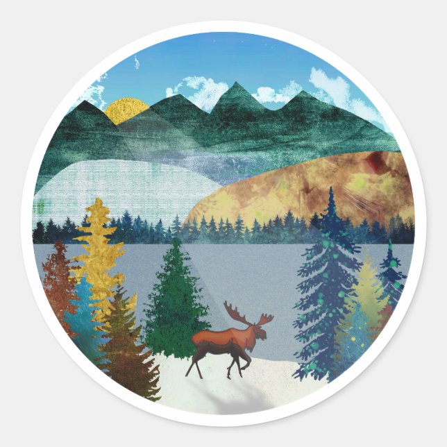 Pegatina Redonda Sunrise Moose (Anverso)
