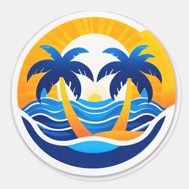 Pegatina Redonda Sunrise Over Ocean Waves Emblem (Anverso)