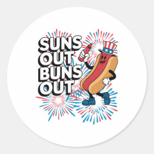Pegatina Redonda Suns Out Buns Out Funny 4 De Julio Hot Dog Patrio