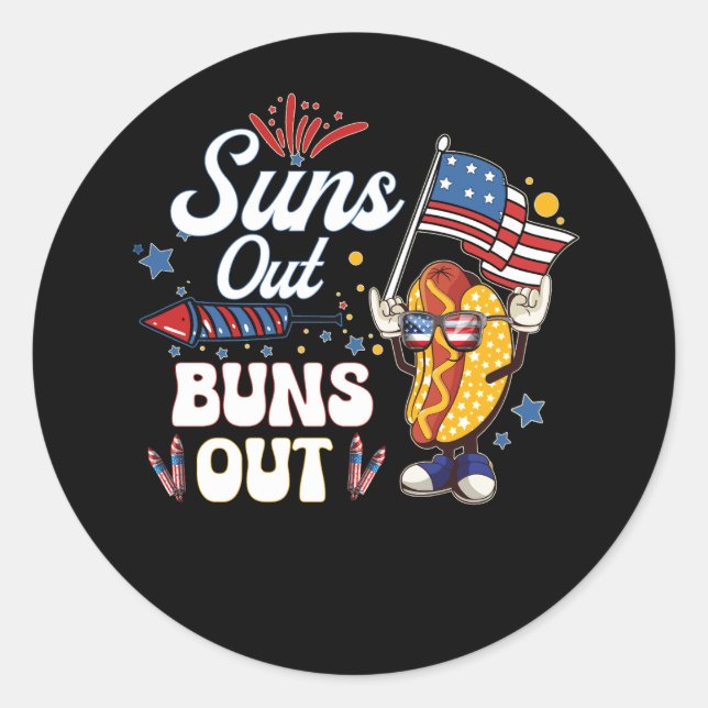 Pegatina Redonda Suns Out Buns Out Funny Hot Dog Patriotic USA 4th (Anverso)