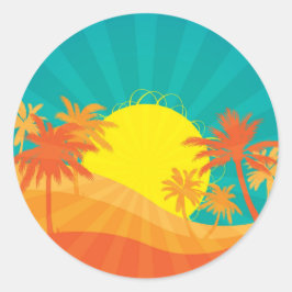 Pegatina Redonda Sunset Beach diseño de surf tropical retro