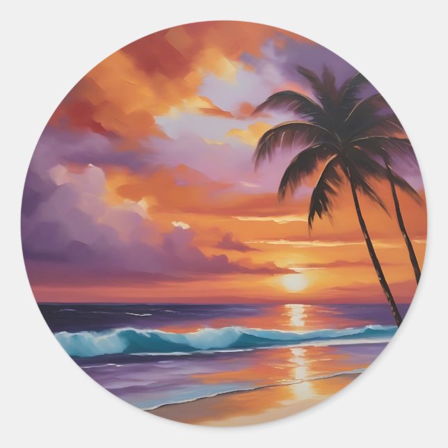 Pegatina Redonda Sunset Dreams Tropical Beach (Anverso)
