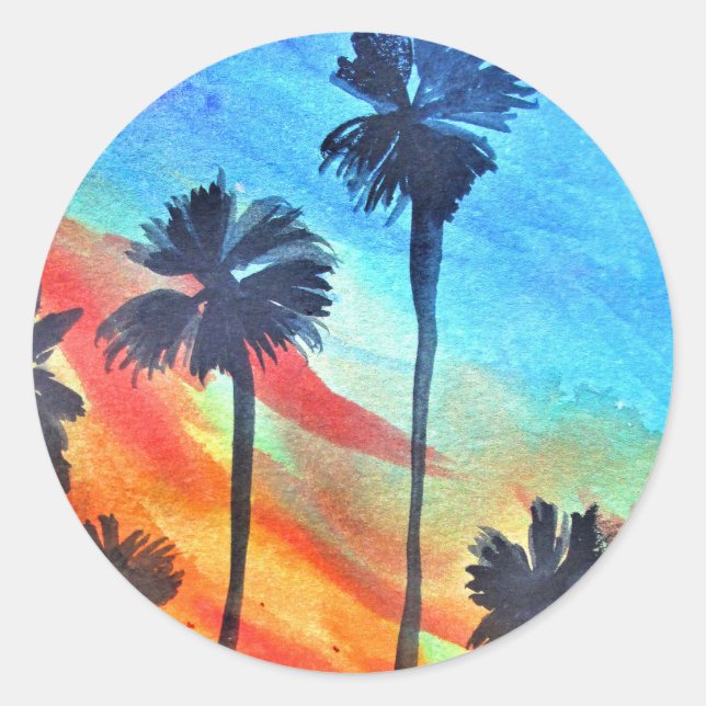 Pegatina Redonda Sunset Palm Tree beach surf art (Anverso)