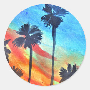 Pegatina Redonda Sunset Palm Tree beach surf art