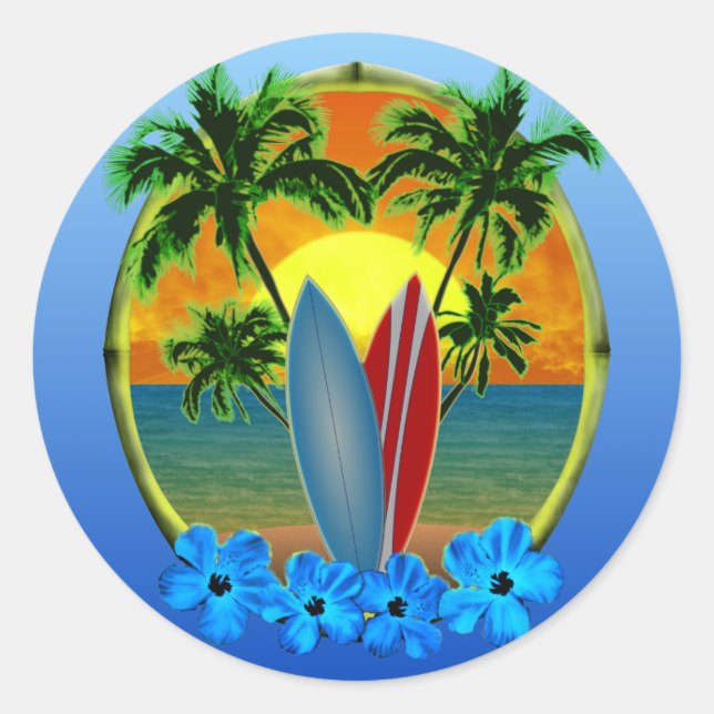 Pegatina Redonda Sunset Y Surfboards (Anverso)