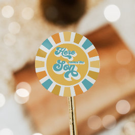 Pegatina Redonda Sunshine Baby Shower aquí llega el Son Rays Amaril