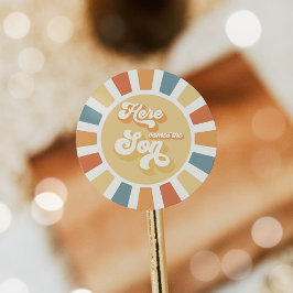 Pegatina Redonda Sunshine Baby Shower aquí llega el Son Rays Amaril