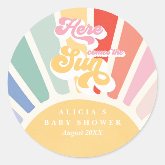 Pegatina Redonda Sunshine Baby Shower Boho Retro favores del arcoir (Anverso)