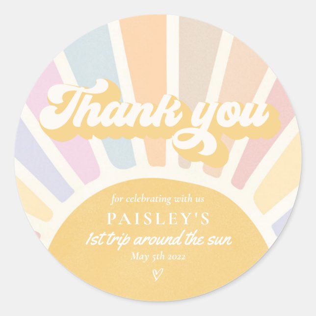 Pegatina Redonda Sunshine Birthday Boho Primer Viaje Alrededor Del  (Anverso)
