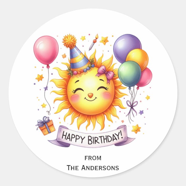 Pegatina Redonda Sunshine Custom Name Happy Birday (Anverso)