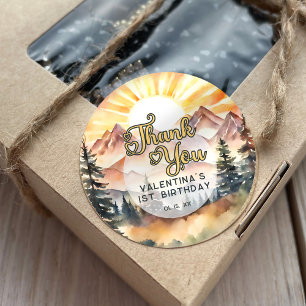 Pegatina Redonda Sunshine Nature Mountains Fiesta de cumpleaños gra