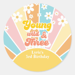 Pegatina Redonda Sunshine Retro daisy 3 cumpleaños