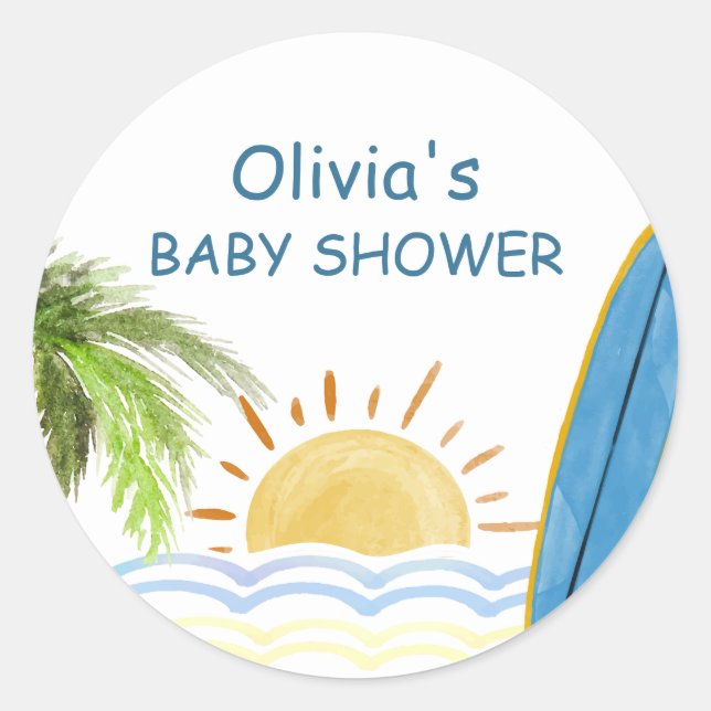 Pegatina Redonda Sunshine Tropical Surfing Baby Shower (Anverso)