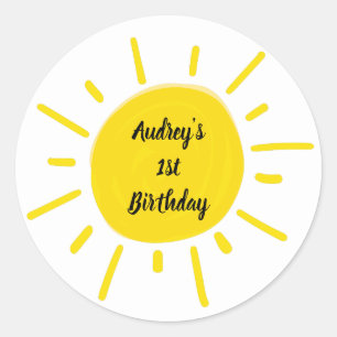 Pegatina Redonda Sunshine Whimsical Yellow Sun Birday Party