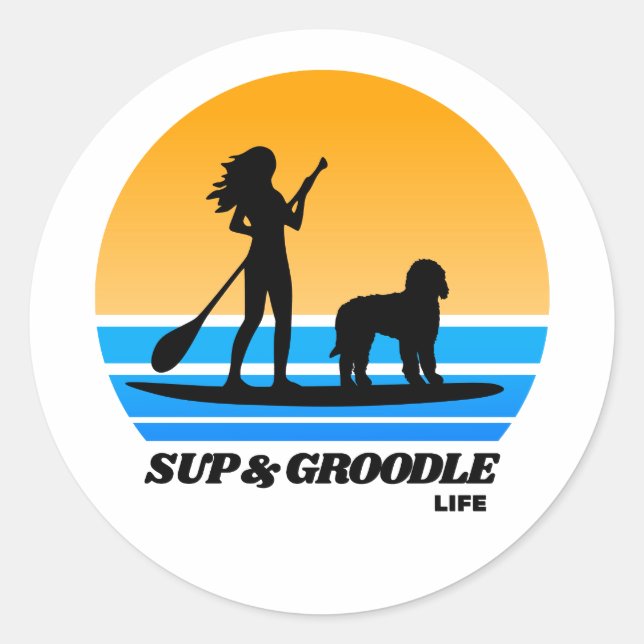 Pegatina Redonda SUP y Groodle - Standup Paddleboarding Dog Mom (Anverso)