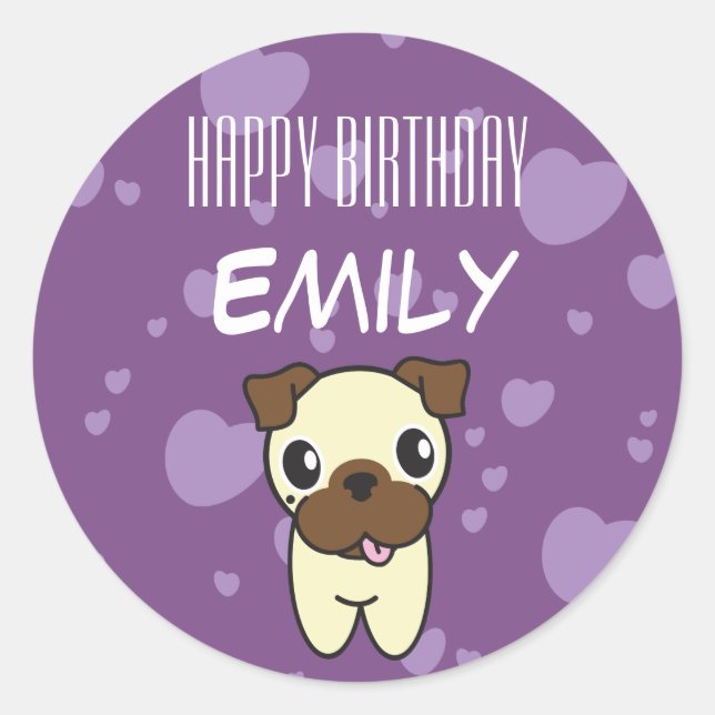 Pegatina Redonda Super Cute Pug Purple Heart Design (Anverso)