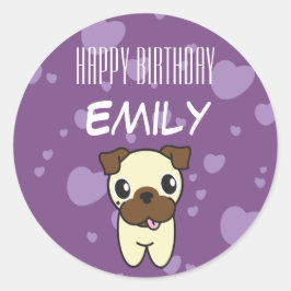 Pegatina Redonda Super Cute Pug Purple Heart Design