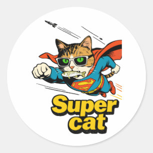Pegatina Redonda Super Gato Vuela con Pescado 