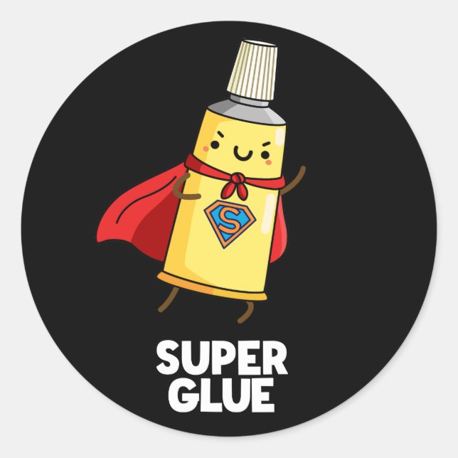 Pegatina Redonda Super Glue Funny Super Hero Pun Dark BG (Anverso)