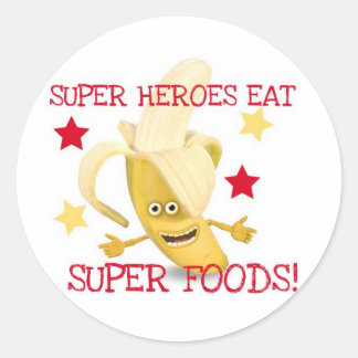 Pegatina Redonda Super Héroes Comen Super Foods