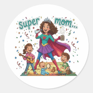 Pegatina Redonda Super Mamá Heroe - Celebración del Día de la Madre