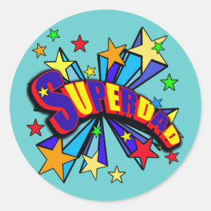 Pegatina Redonda ¡SuperDad! con las estrellas y diseño del dibujo