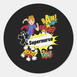 Pegatina Redonda Superenfermera Comic Superhero Style Rn Woman Enfe