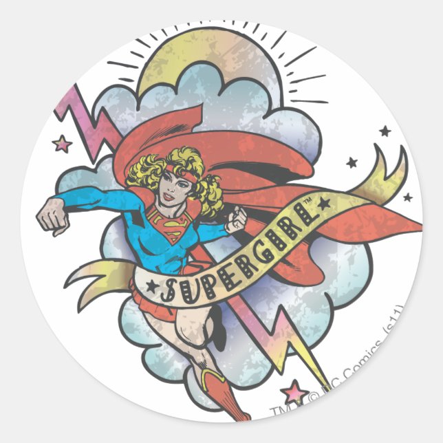 Pegatina Redonda Supergirl Flying Lightning Tattoo (Anverso)
