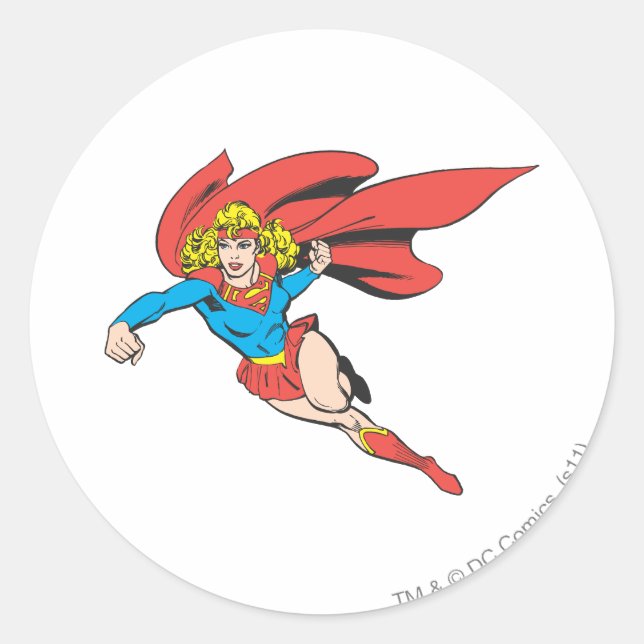 Pegatina Redonda Supergirl Leaps and Punches (Anverso)